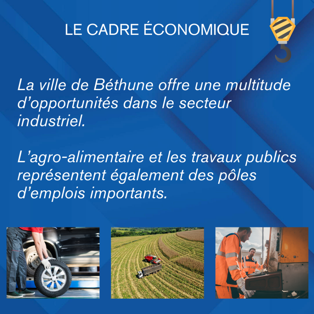 Vivre à Béthune : le cadre économique de Béthune offre des opportunités d'emplois dans des domaines variés : industrie, agro-alimentaire ou encore construction. 